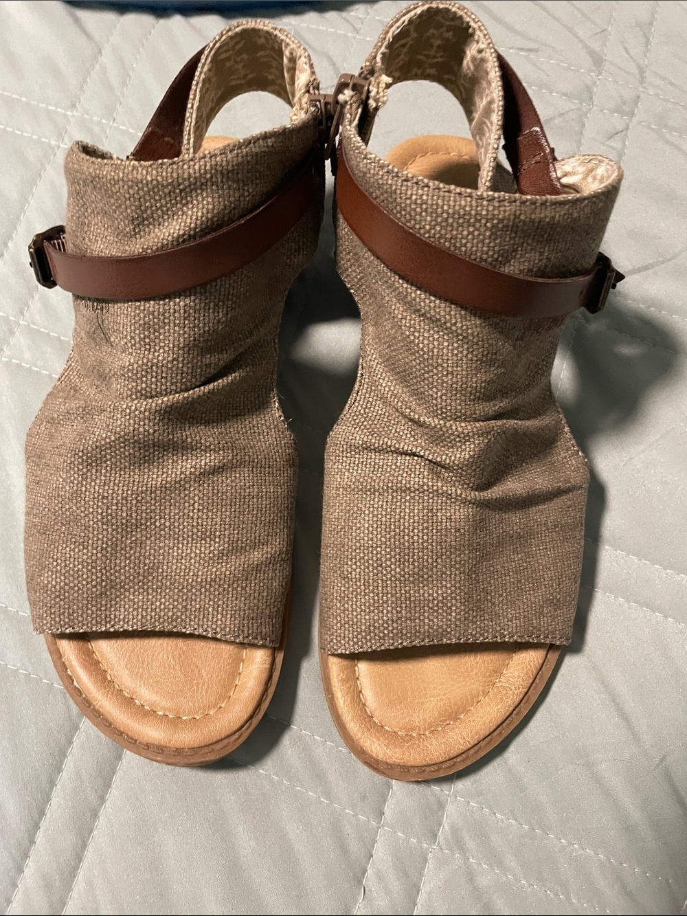 Blowfish Taupe Canvas Open-Toe Sandals with Brown Ankle Strap